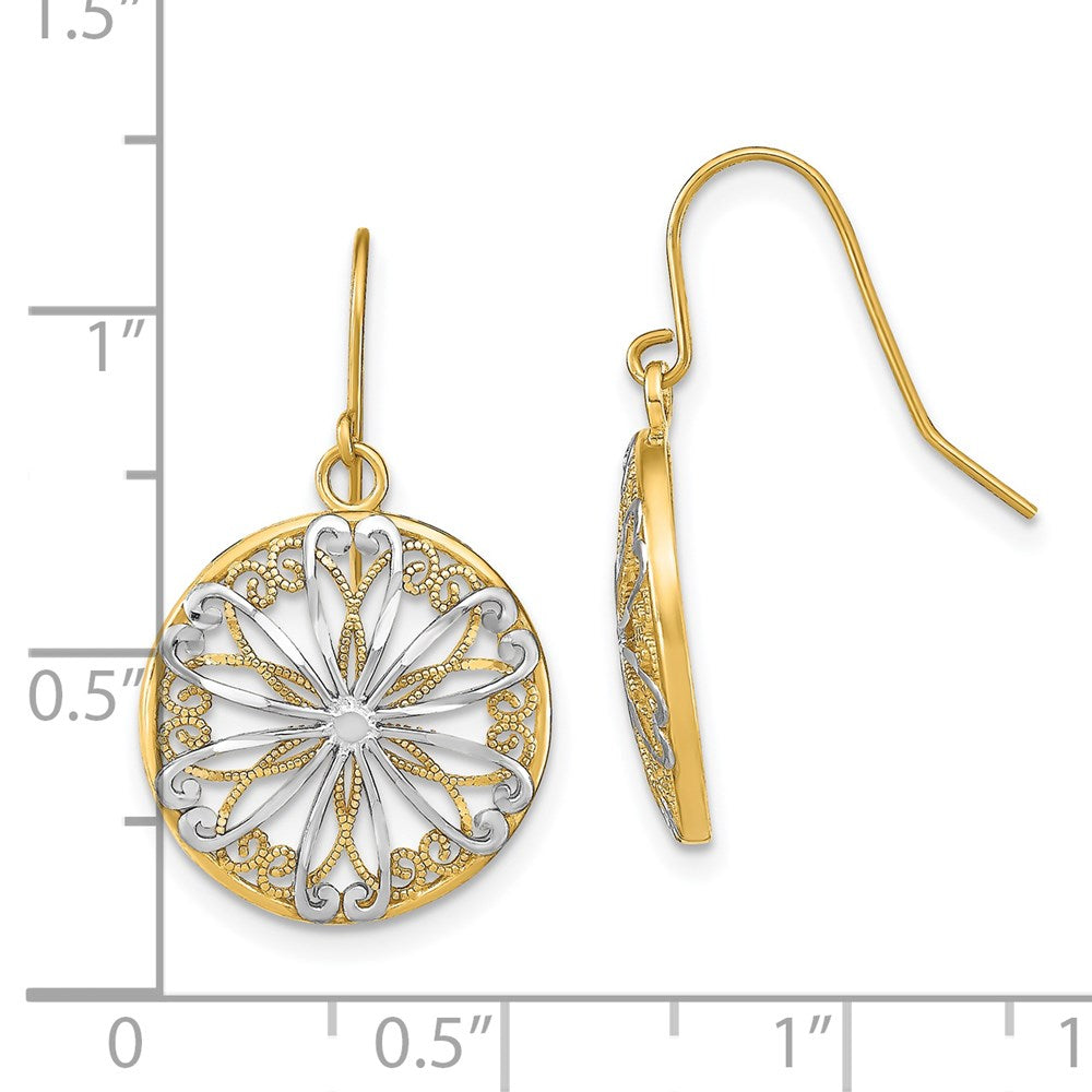 14k Yellow & Rhodium 15 mm  Filigree Medallion Dangle Earrings (2.11 grams)
