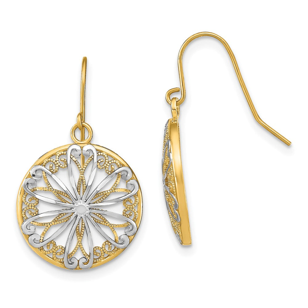 14k Yellow & Rhodium 15 mm  Filigree Medallion Dangle Earrings (2.11 grams)
