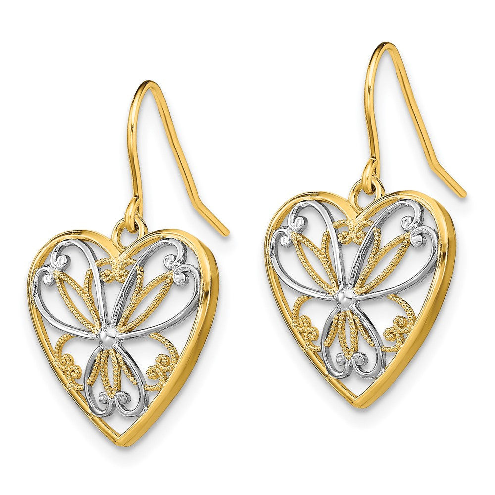 14k Yellow & Rhodium 16 mm  Polished Filigree Heart Shepherd Hook Earrings (1.66 grams)