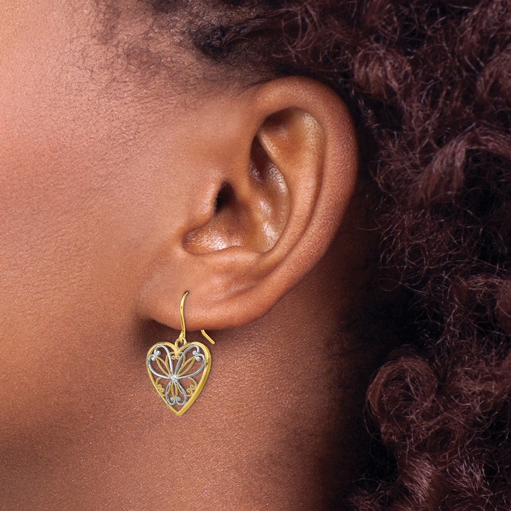 14k Yellow & Rhodium 16 mm  Polished Filigree Heart Shepherd Hook Earrings (1.66 grams)