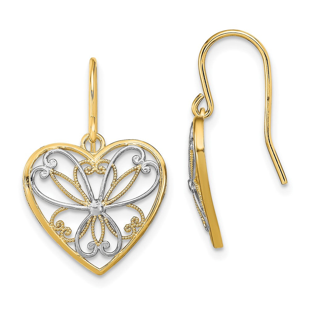14k Yellow & Rhodium 16 mm  Polished Filigree Heart Shepherd Hook Earrings (1.66 grams)