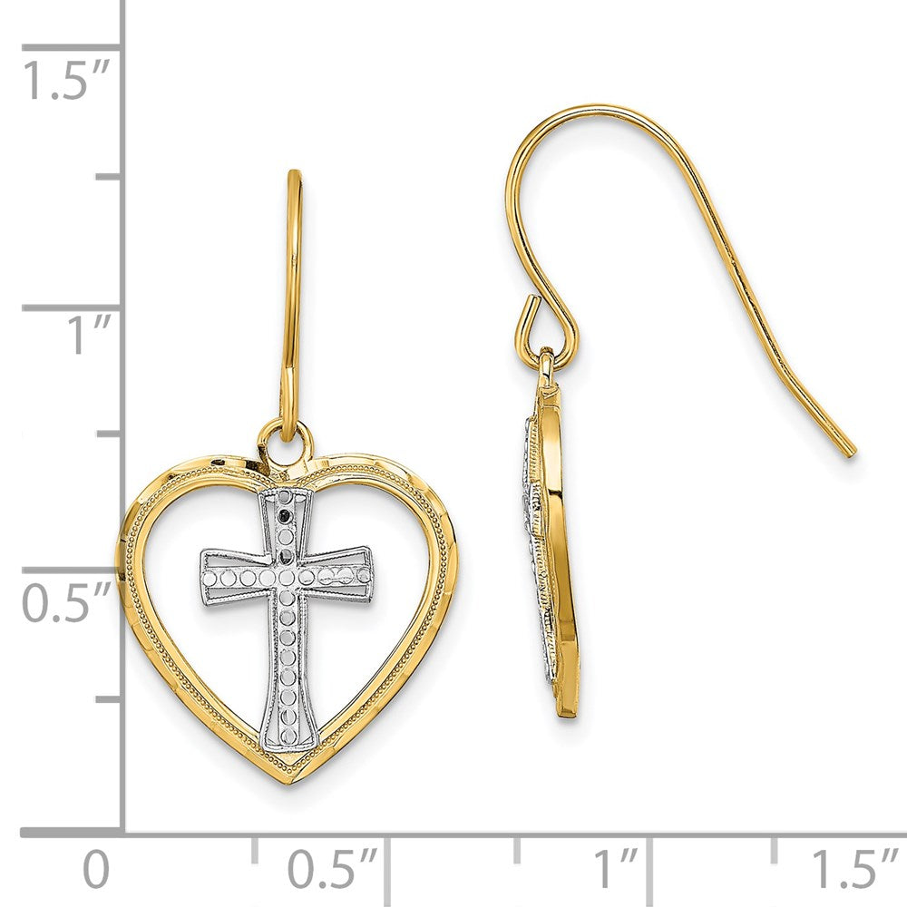 14k Yellow & Rhodium 16.3 mm  Cross In Center Heart Earrings (1.98 grams)