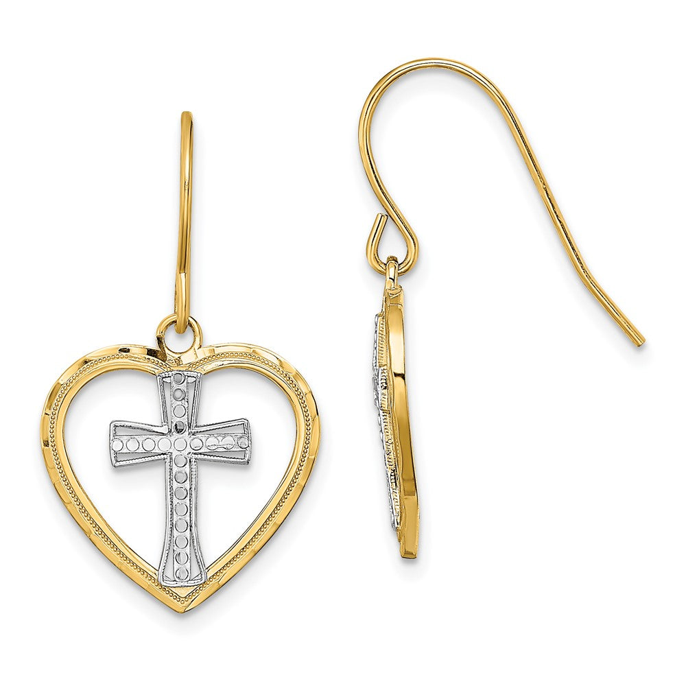 14k Yellow & Rhodium 16.3 mm  Cross In Center Heart Earrings (1.98 grams)