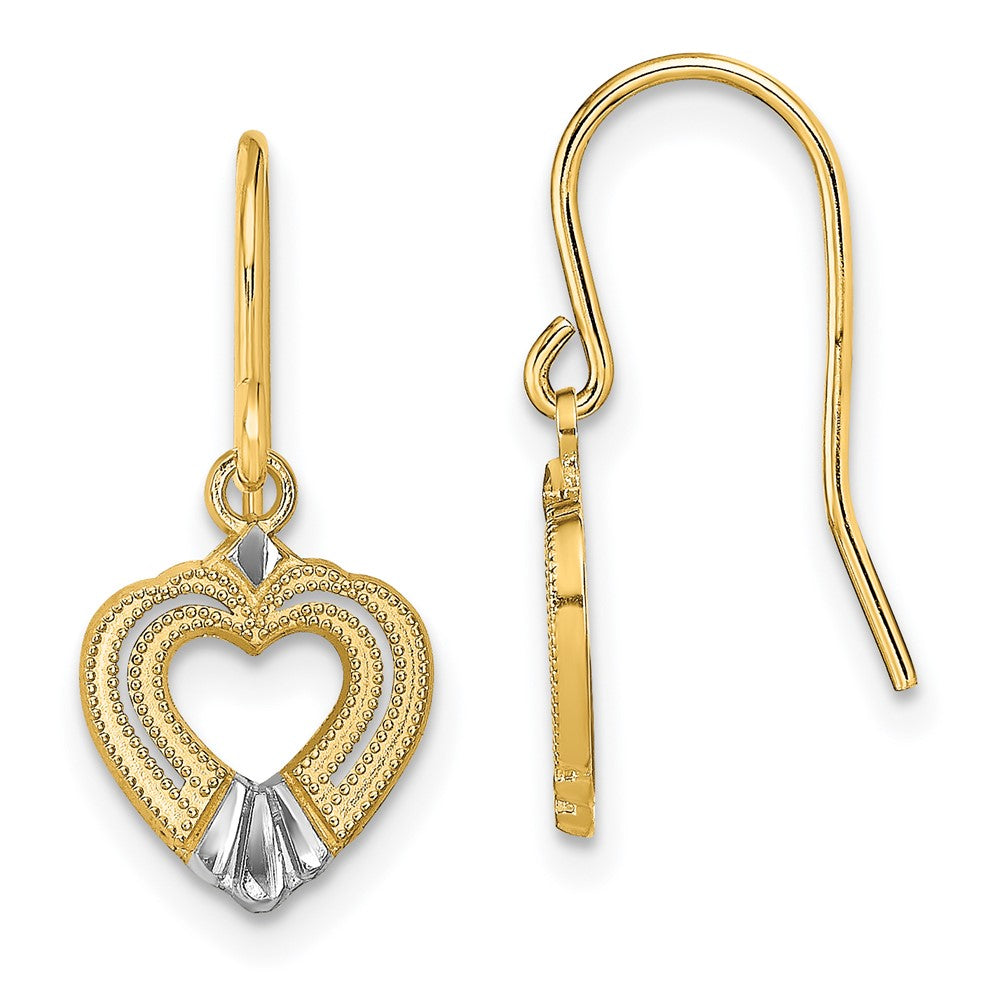 14k Yellow & Rhodium 10 mm  Polished Heart Shepherd Hook Earrings (0.92 grams)