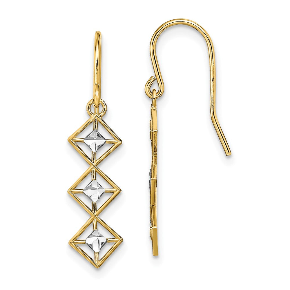 14k Yellow & Rhodium 6 mm  Fancy Diamond-cut Dangle Wire Earrings (0.97 grams)