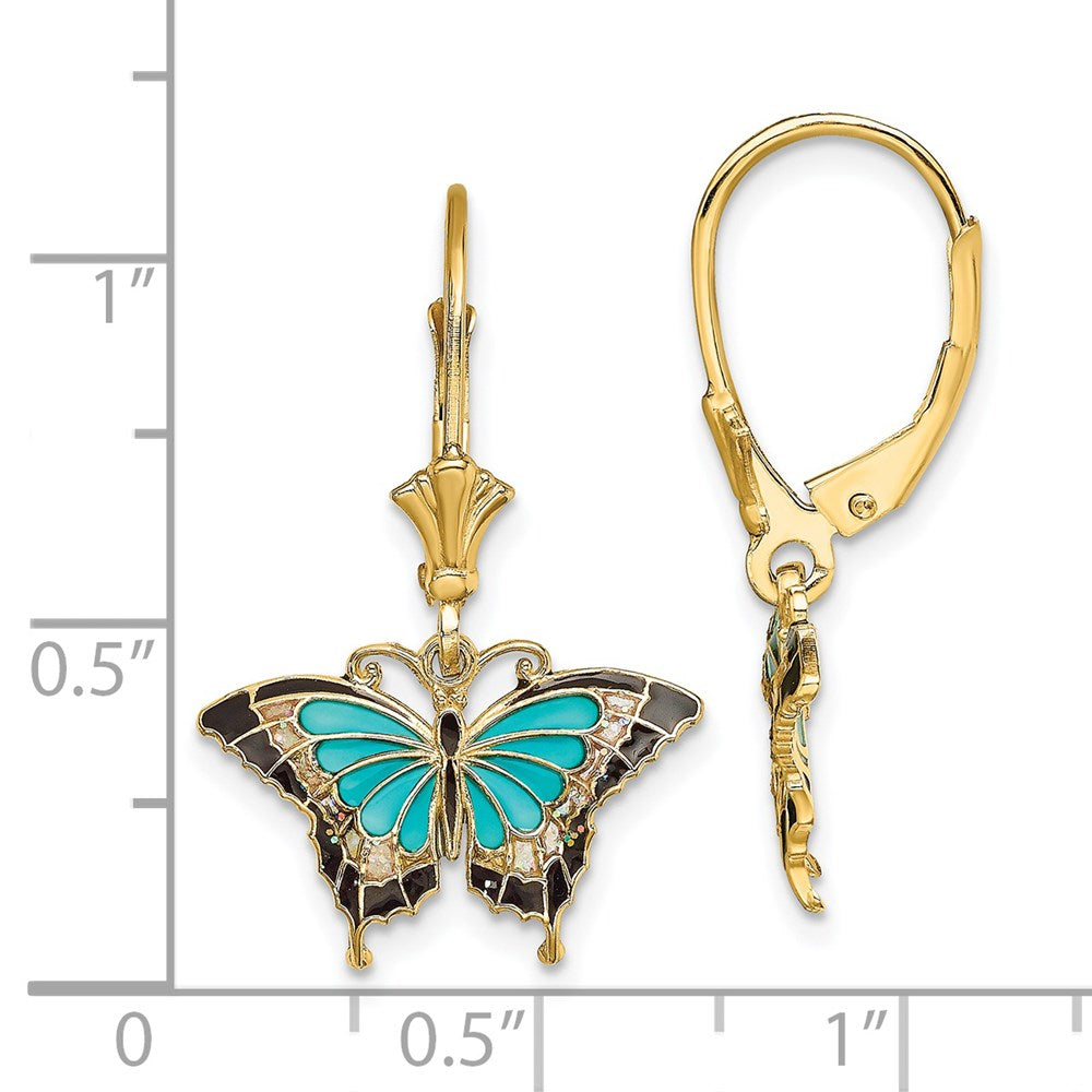 14k Yellow Gold 17.2 mm w/Aqua Enameled Wings Butterfly Leverback Earrings (1.74 grams)