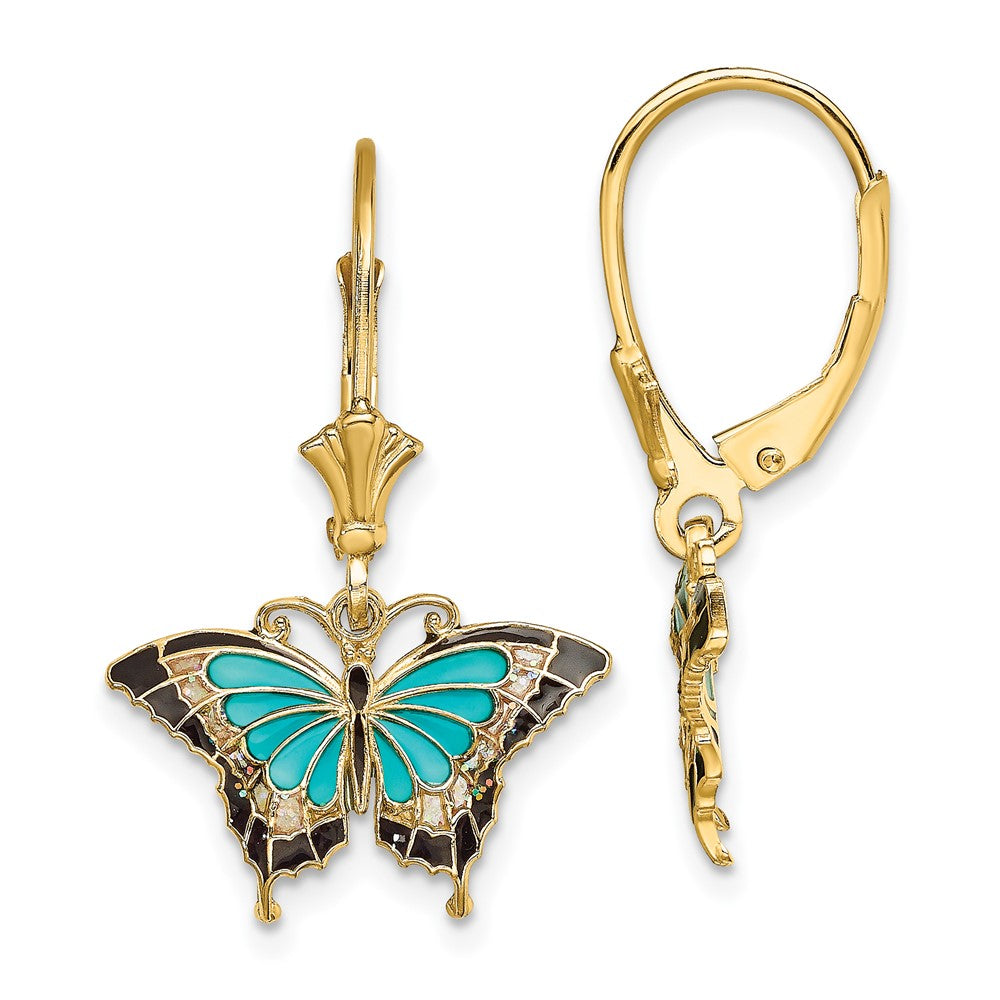 14k Yellow Gold 17.2 mm w/Aqua Enameled Wings Butterfly Leverback Earrings (1.74 grams)