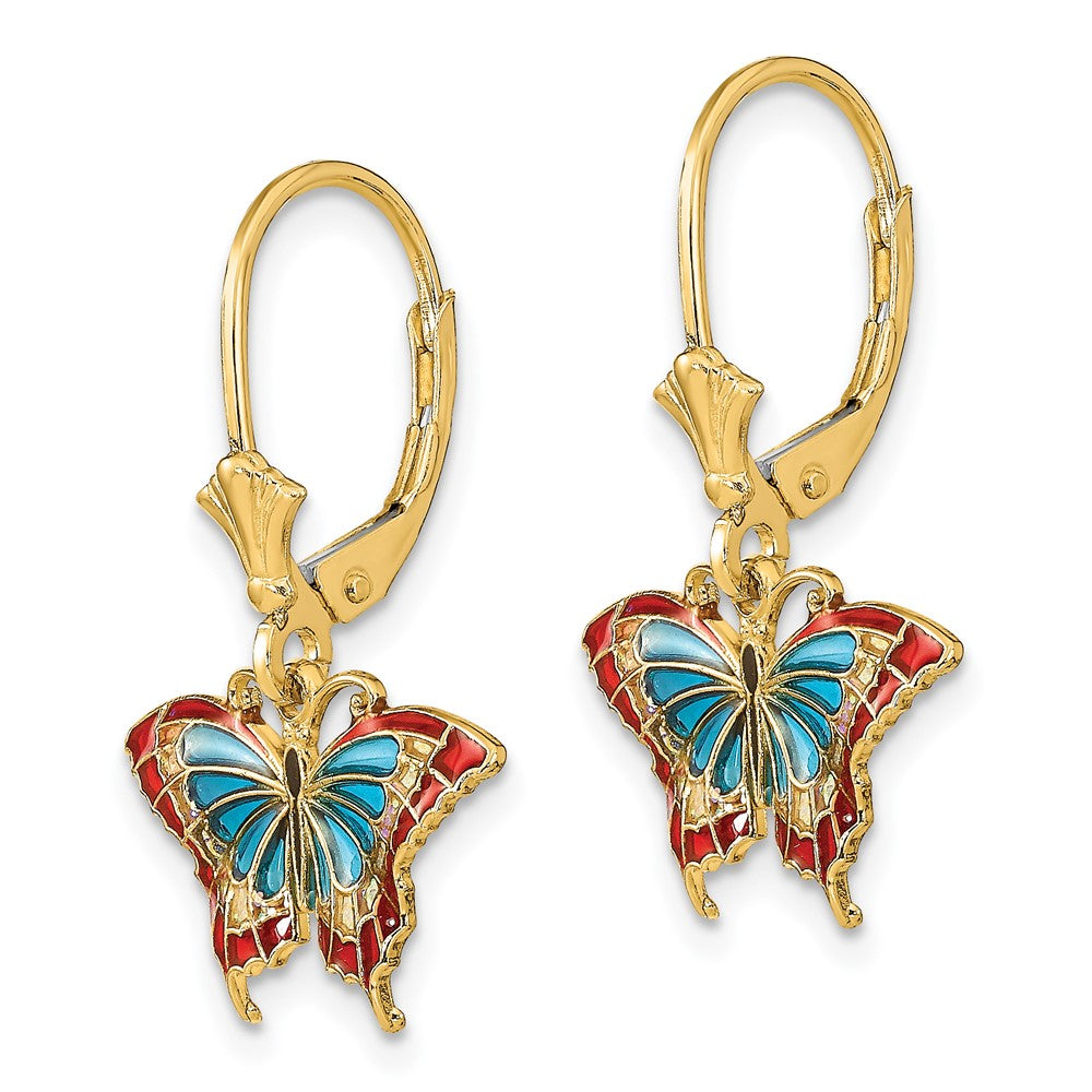 14k Yellow Gold 17.2 mm w/Blue and Red Enameled Wings Butterfly Leverback Earrings (1.69 grams)
