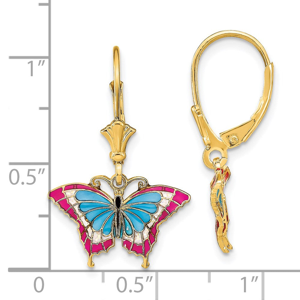 14k Yellow Gold 17.2 mm w/Blue and Red Enameled Wings Butterfly Leverback Earrings