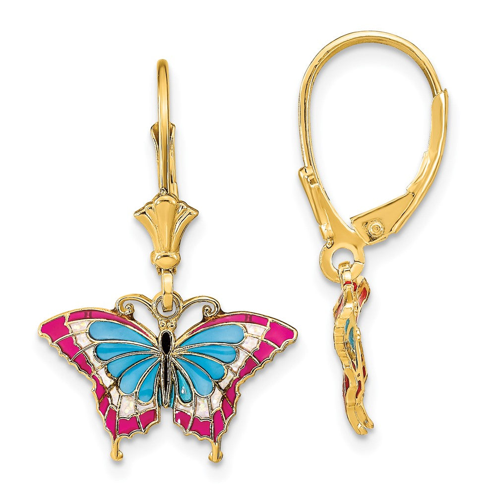 14k Yellow Gold 17.2 mm w/Blue and Red Enameled Wings Butterfly Leverback Earrings