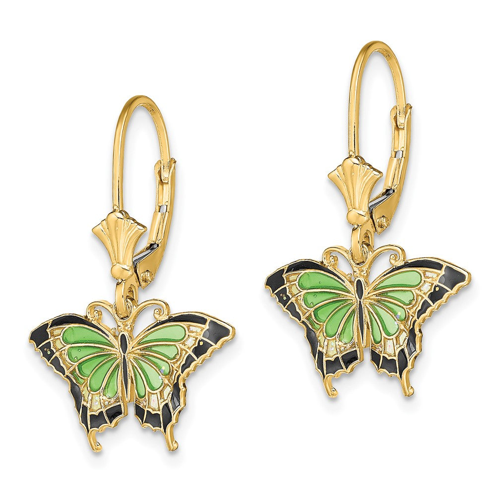 14k Yellow Gold 17.2 mm Butterfly w/ Green Enameled Wings Leverback Earrings (1.74 grams)