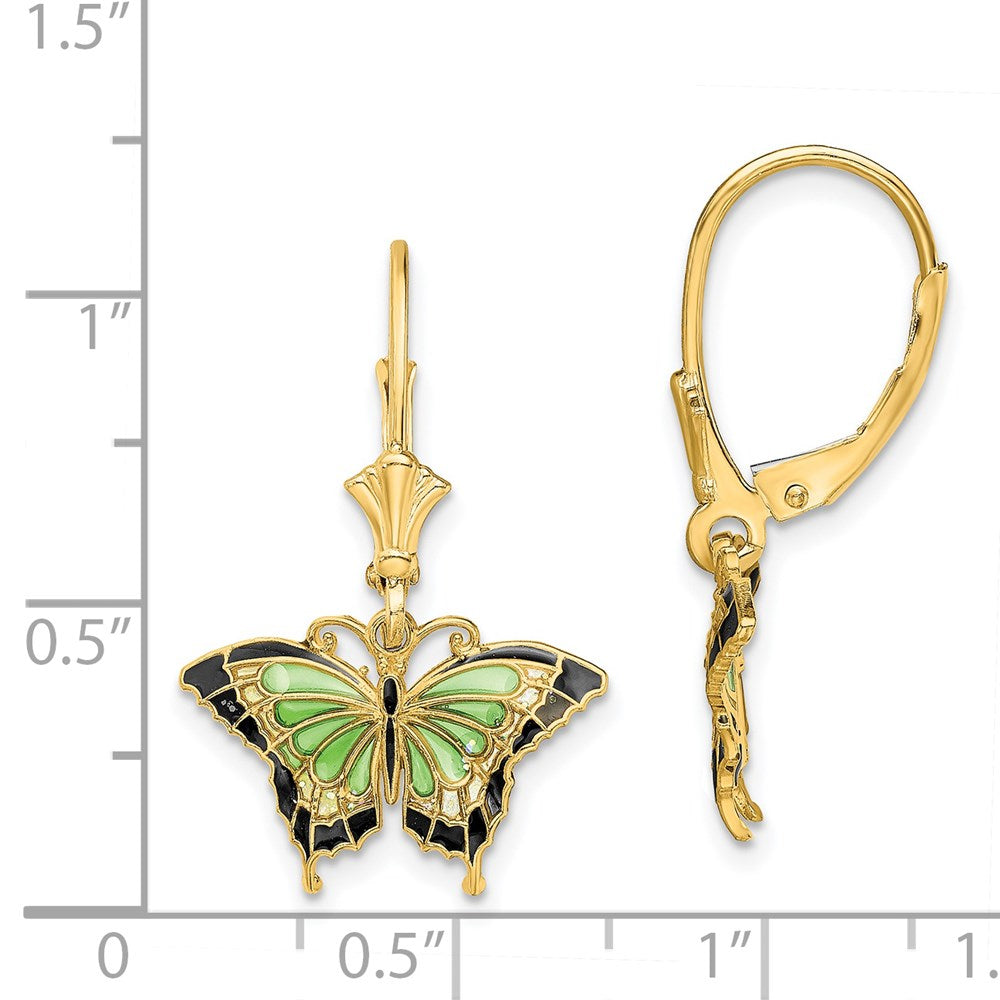 14k Yellow Gold 17.2 mm Butterfly w/ Green Enameled Wings Leverback Earrings (1.74 grams)