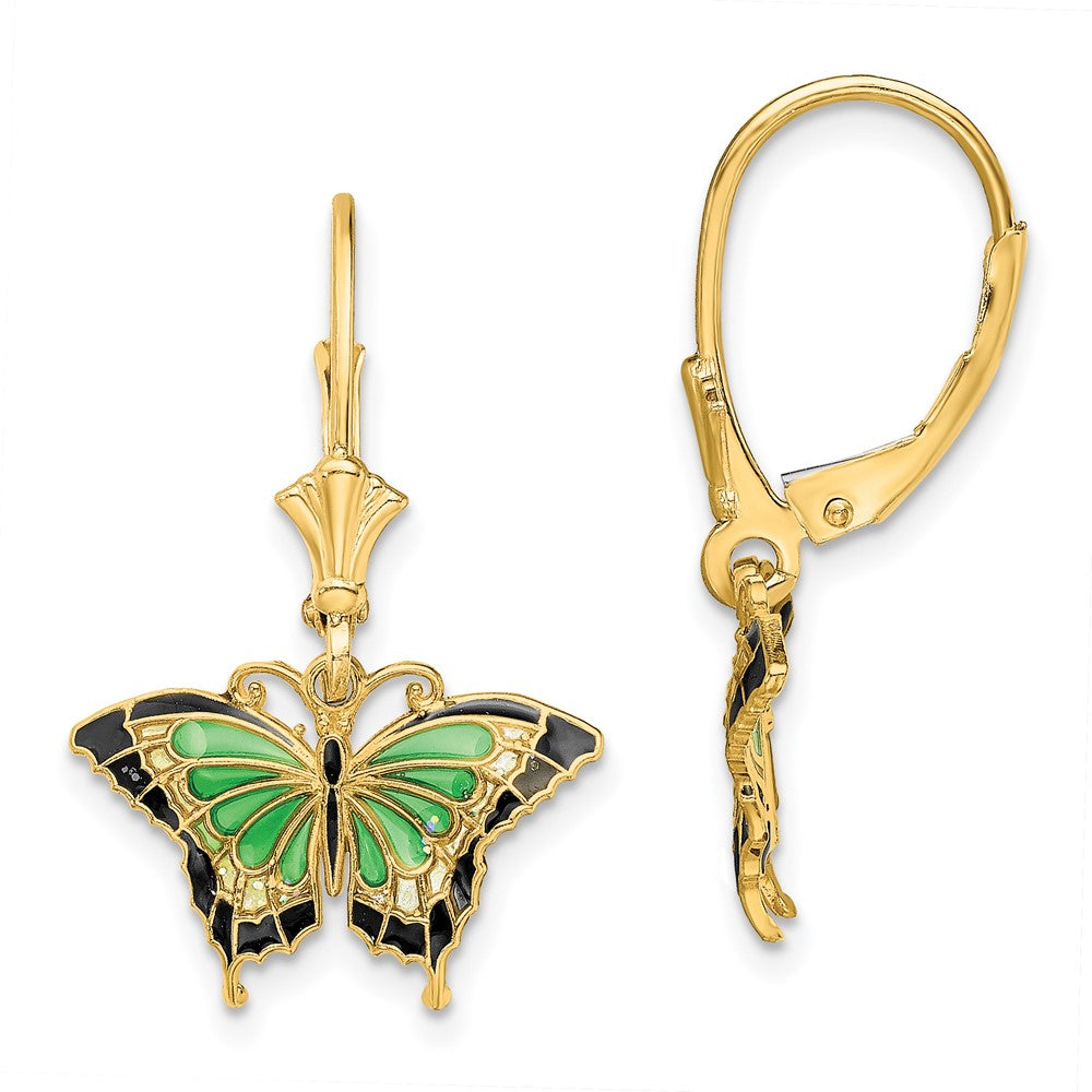 14k Yellow Gold 17.2 mm Butterfly w/ Green Enameled Wings Leverback Earrings (1.74 grams)