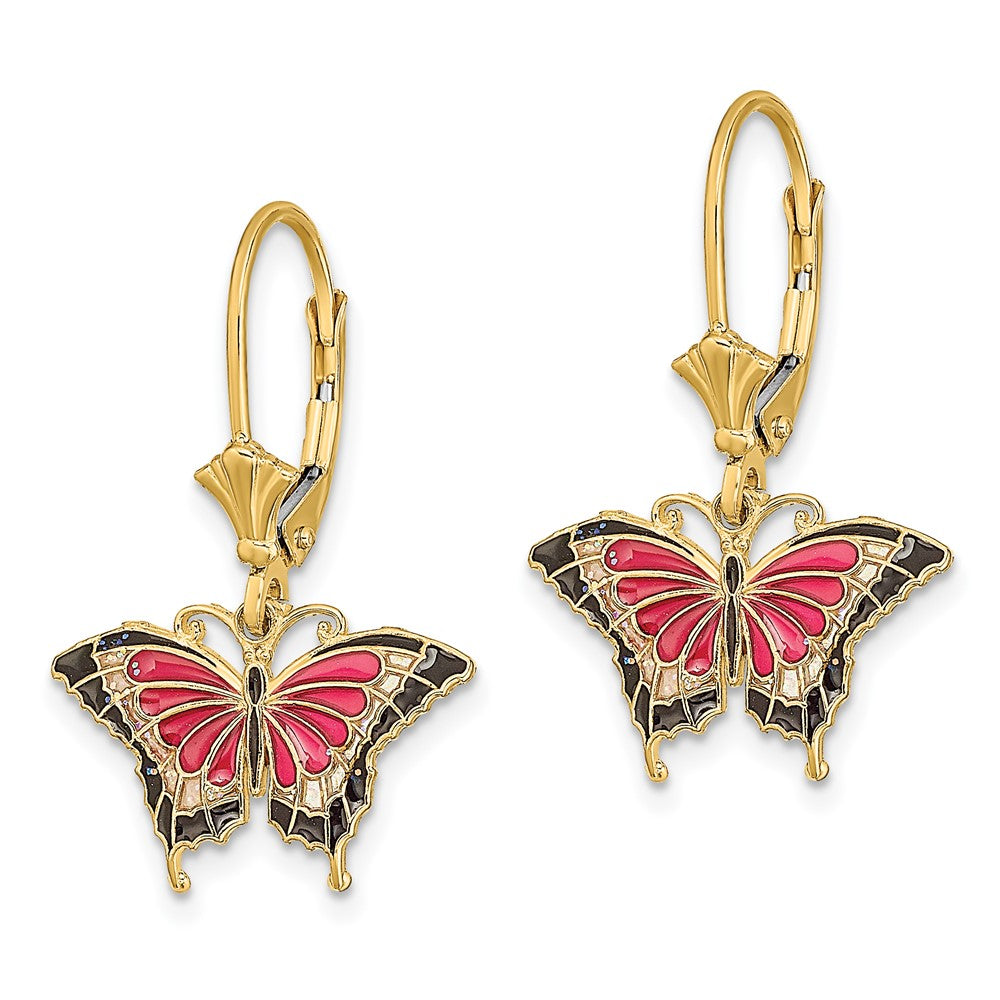 14k Yellow Gold 17.2 mm Pink Enameled Butterfly Leverback Earrings (1.71 grams)