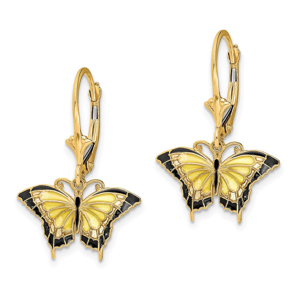 14k Yellow Gold 17.2 mm Butterfly w/ Yellow Enameled Wings Leverback Earrings