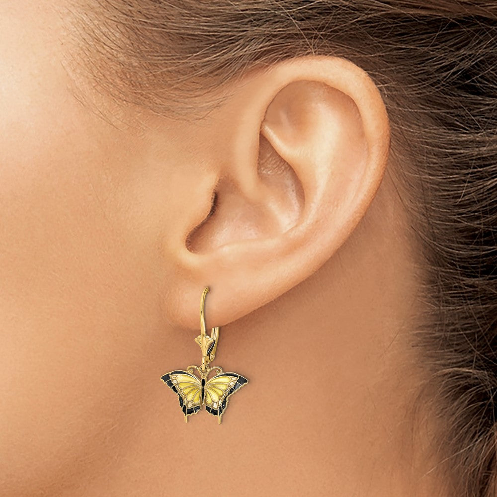 14k Yellow Gold 17.2 mm Butterfly w/ Yellow Enameled Wings Leverback Earrings
