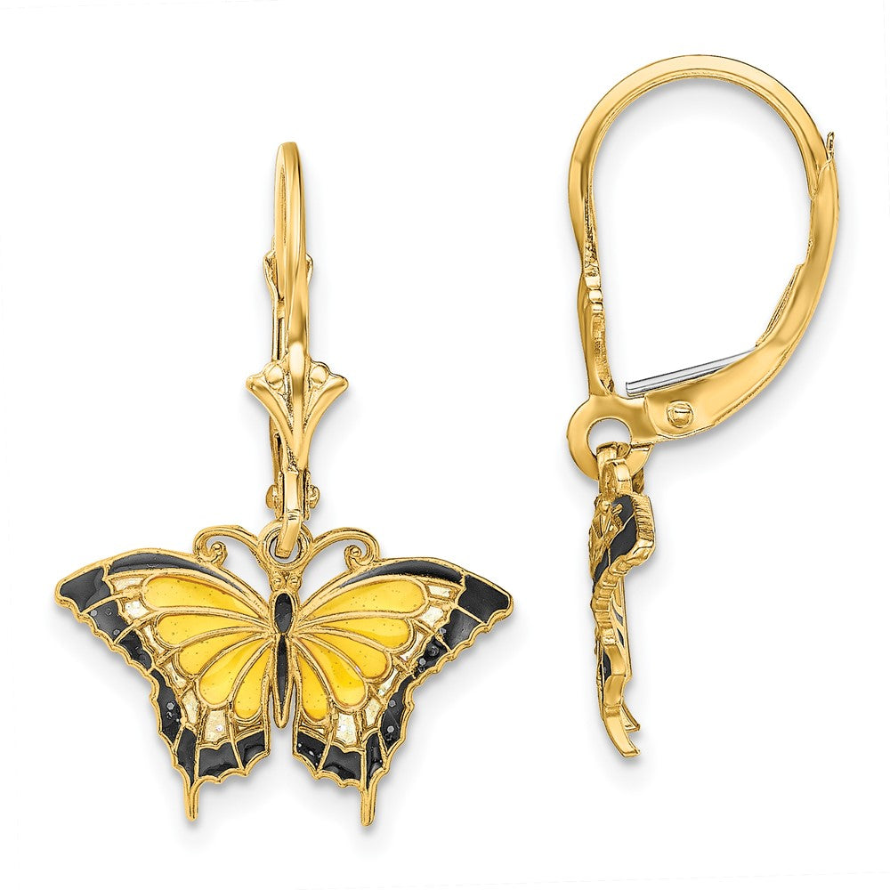 14k Yellow Gold 17.2 mm Butterfly w/ Yellow Enameled Wings Leverback Earrings