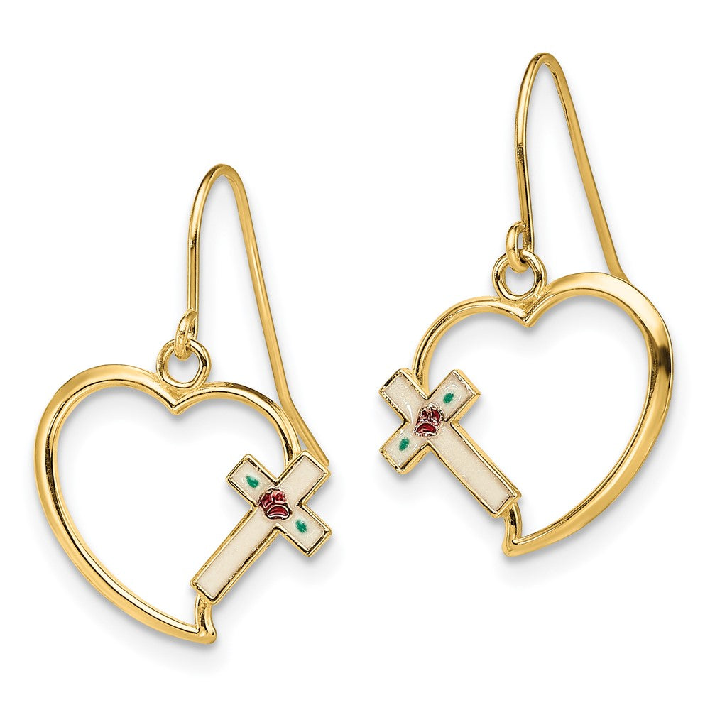 14k Yellow Gold 13.7 mm w/ Enamel Cross Heart Dangle Earrings (1.08 grams)