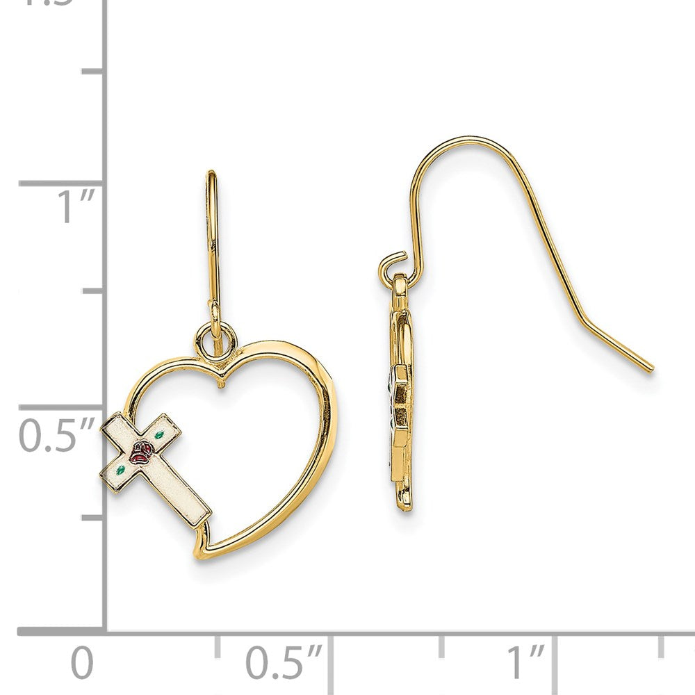 14k Yellow Gold 13.7 mm w/ Enamel Cross Heart Dangle Earrings (1.08 grams)