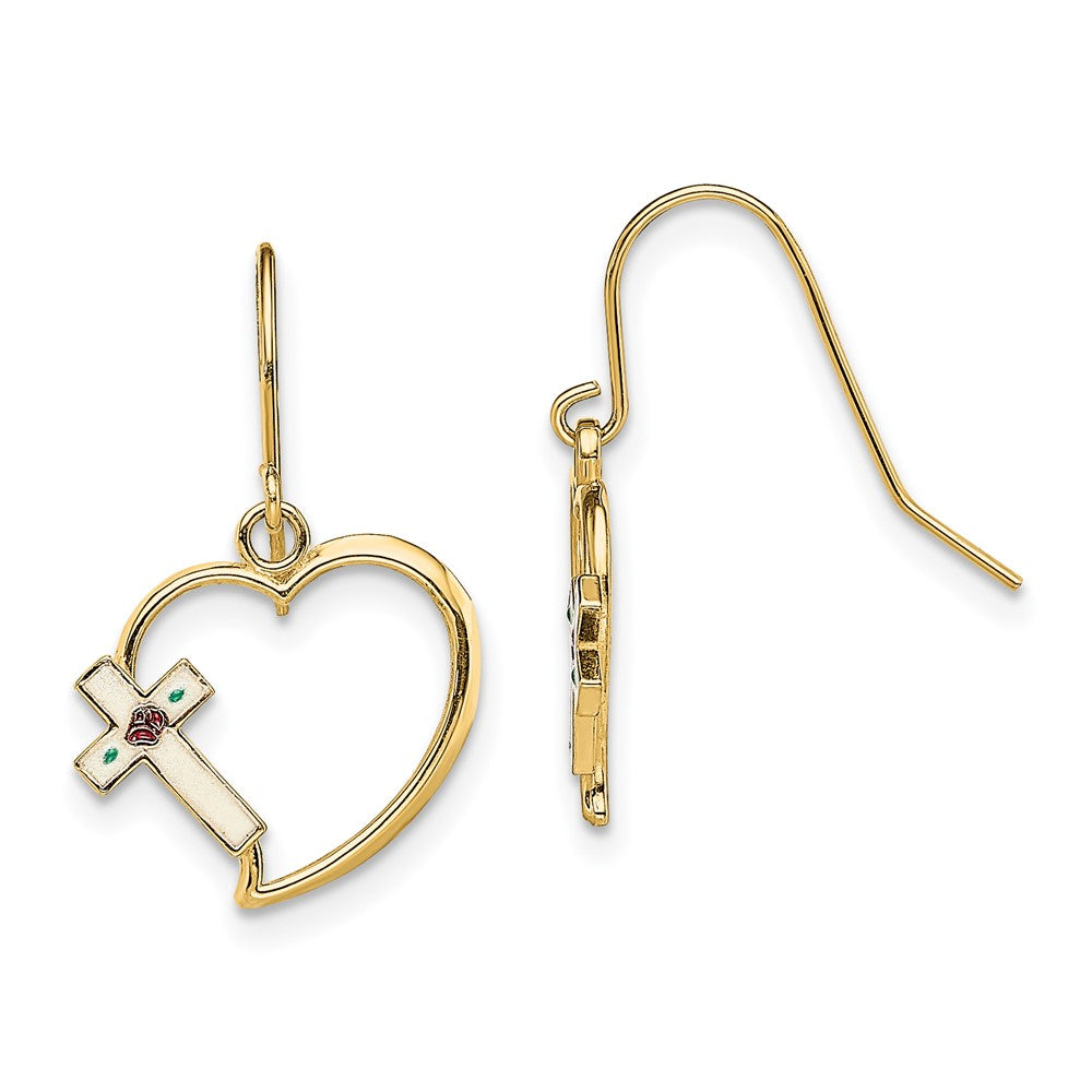 14k Yellow Gold 13.7 mm w/ Enamel Cross Heart Dangle Earrings (1.08 grams)