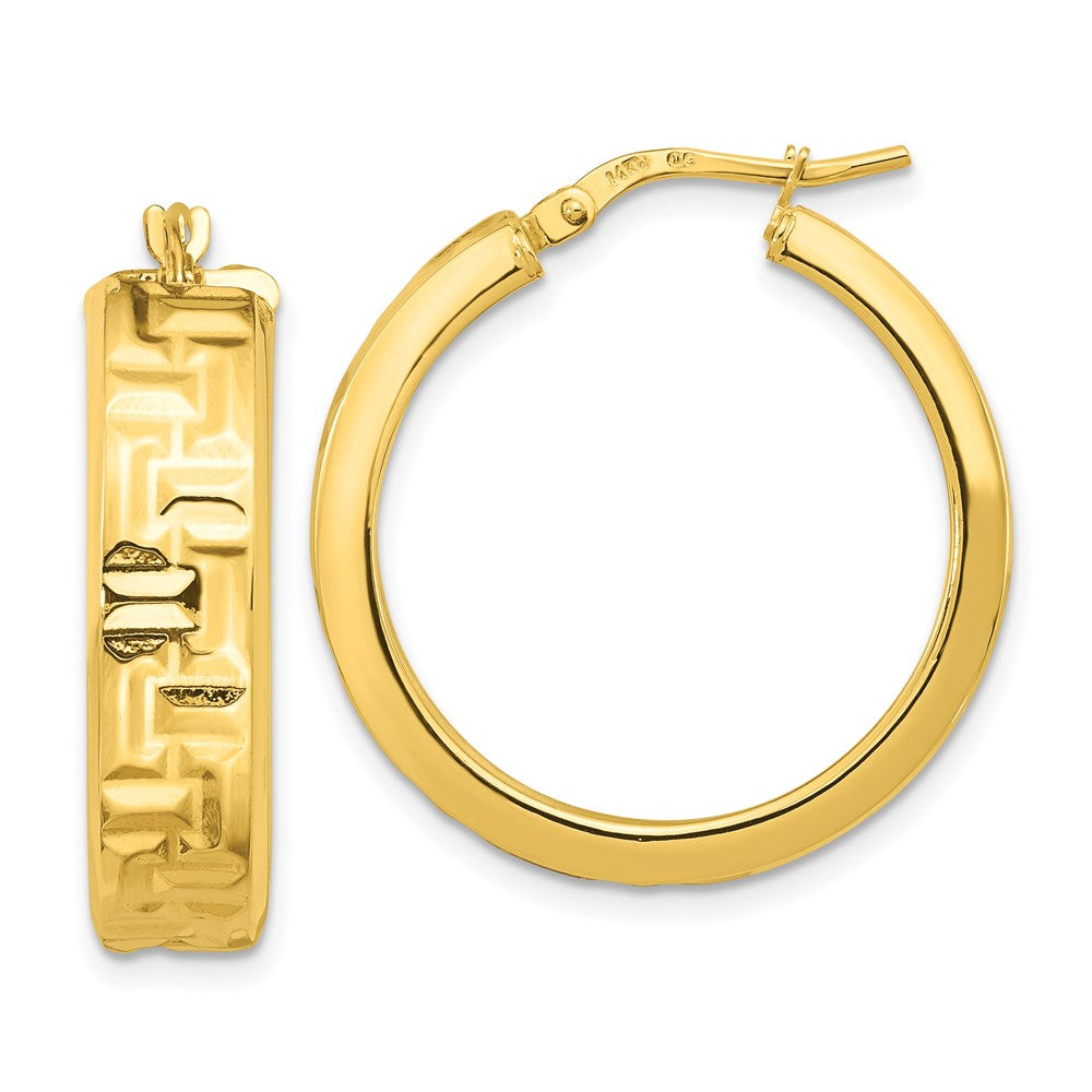 14k Yellow Gold 26 mm Polished Textured Aztec Pattern Hoop Earrings (5.13 grams)