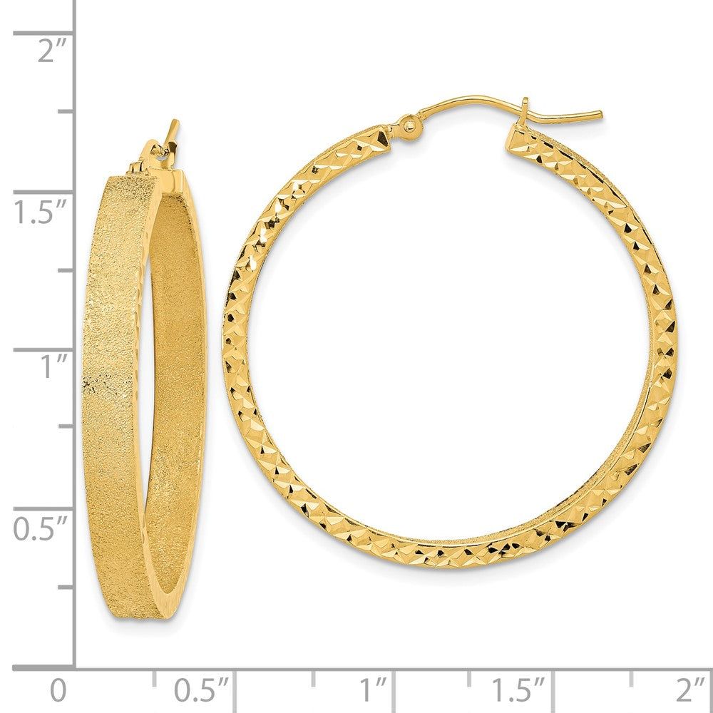 14k Yellow Gold 35.15 mm Satin and Diamond-cut Hoop Earrings (3.39 grams)