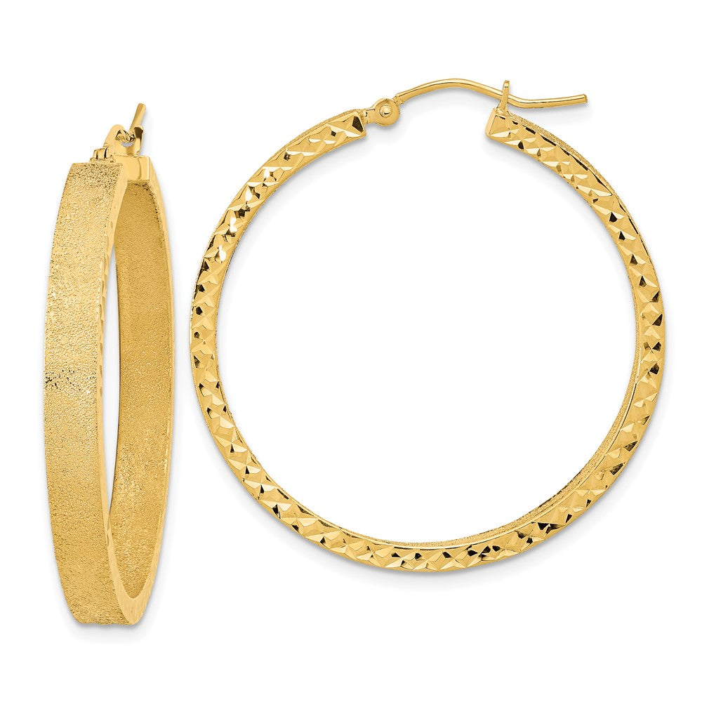 14k Yellow Gold 35.15 mm Satin and Diamond-cut Hoop Earrings (3.39 grams)