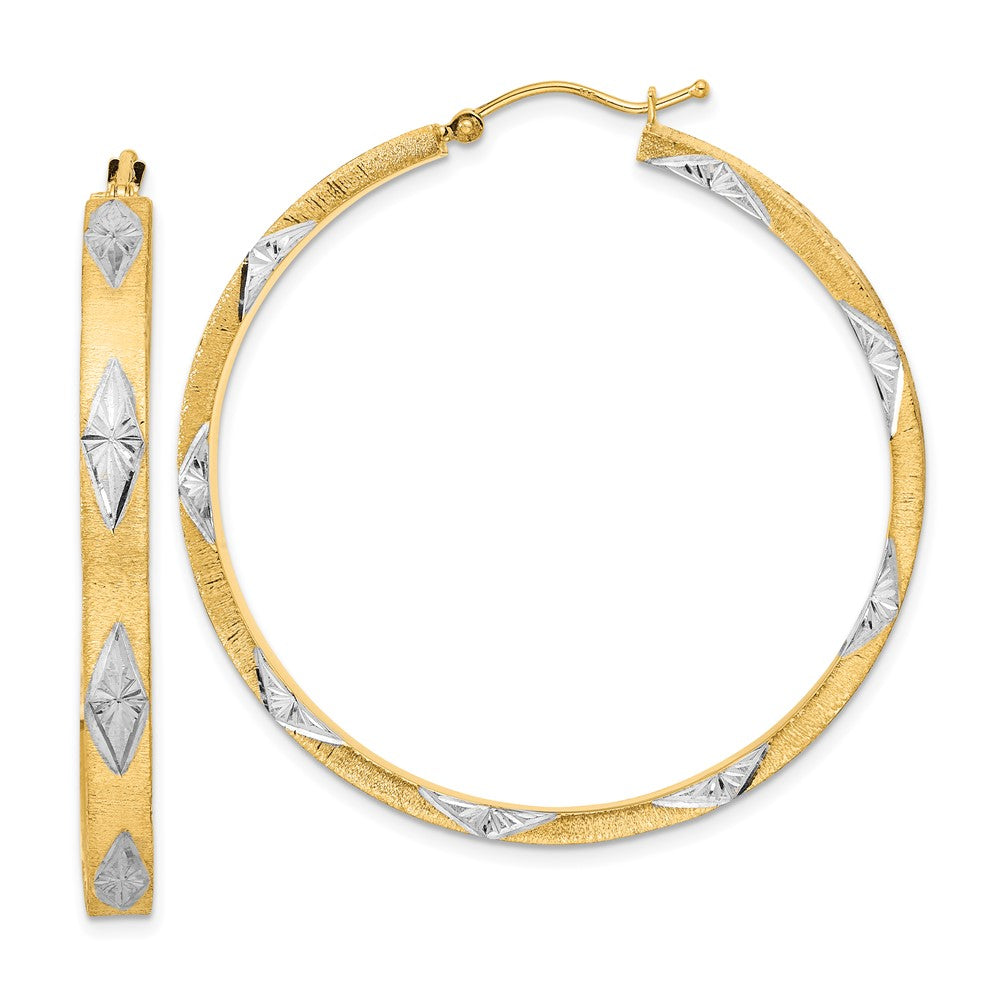 14k Yellow & Rhodium 45.53 mm  Polished Satin Diamond-cut Fancy Hoop Earrings (5.09 grams)