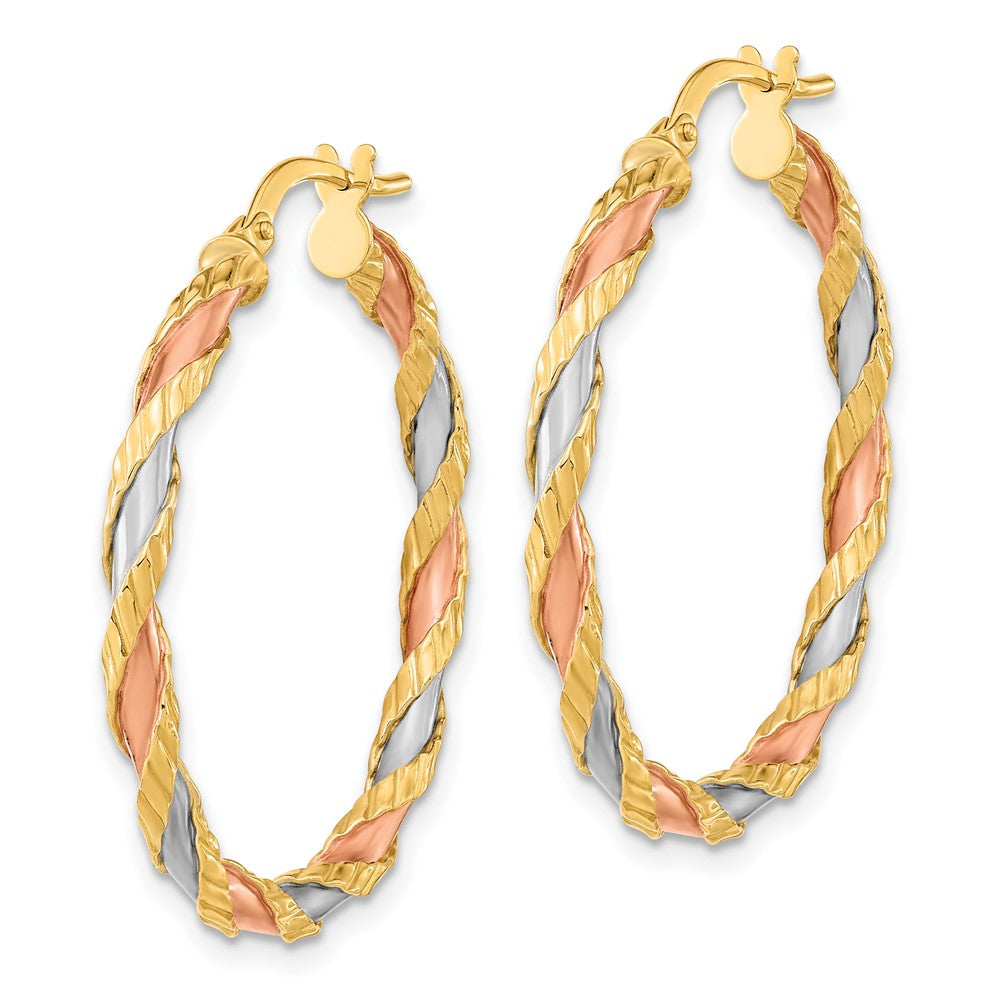 14k Yellow & Rhodium 30.25 mm  Textured Twisted Hoop Earrings (1.87 grams)