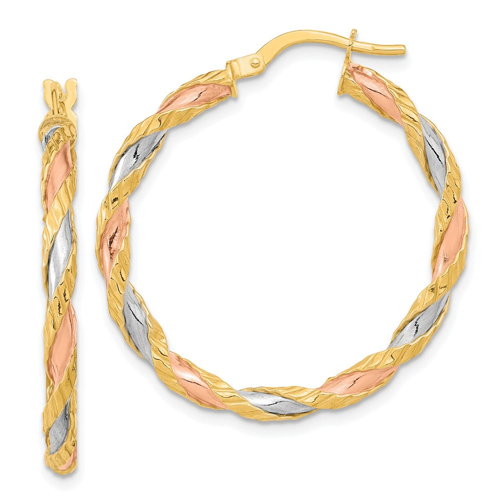 14k Yellow & Rhodium 30.25 mm  Textured Twisted Hoop Earrings (1.87 grams)