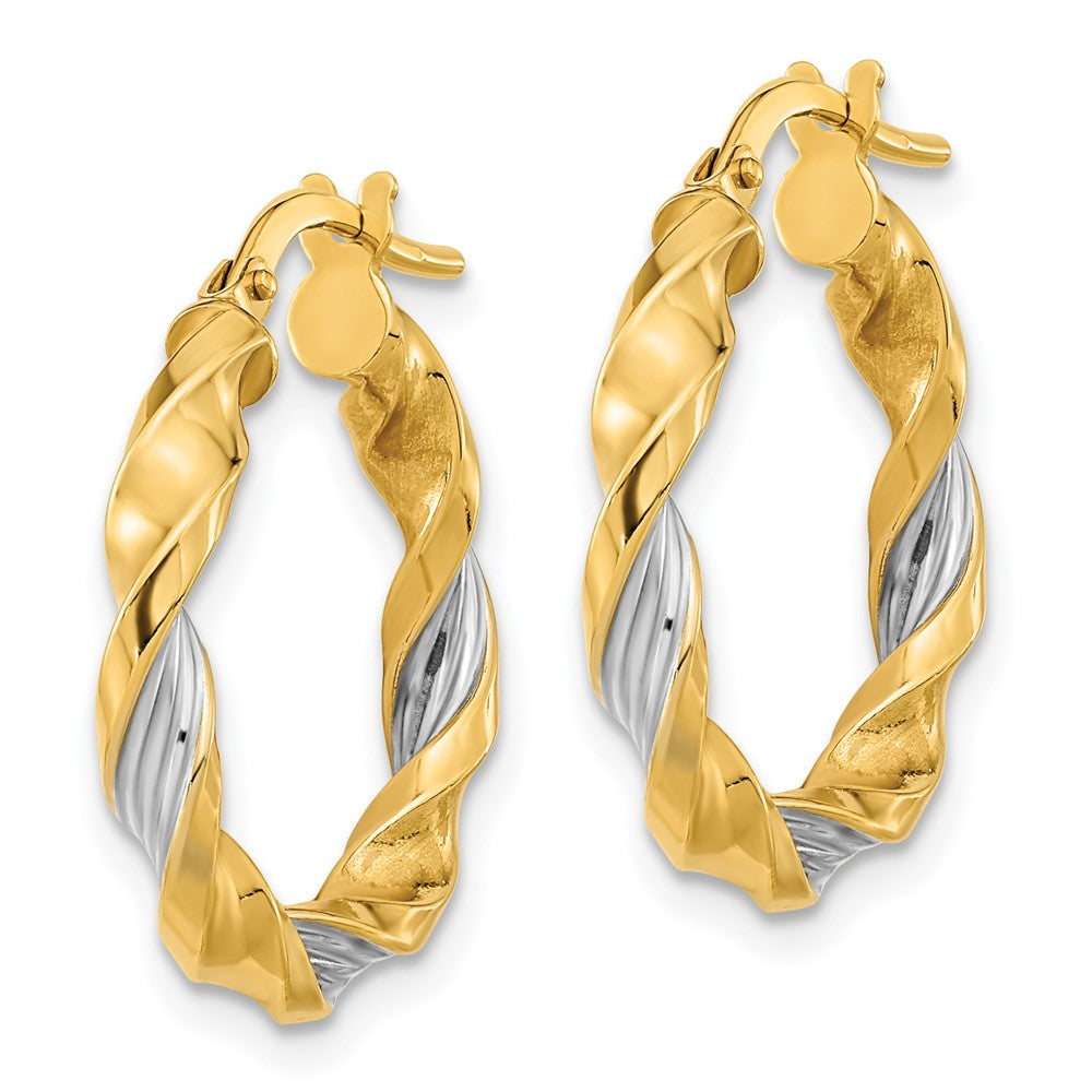 14k Yellow & Rhodium 20.6 mm  Polished & Textured Twist Hoop Earrings (1.46 grams)