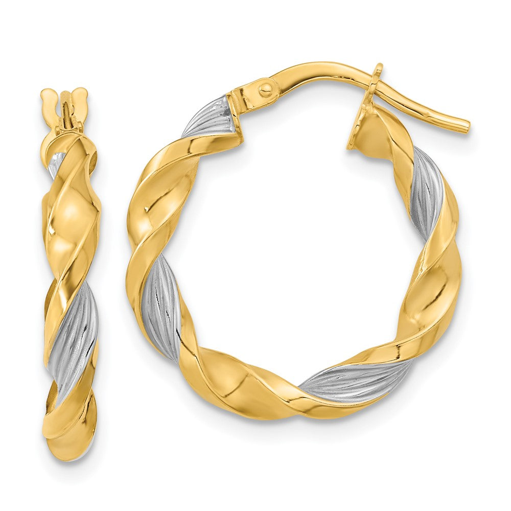 14k Yellow & Rhodium 20.6 mm  Polished & Textured Twist Hoop Earrings (1.46 grams)