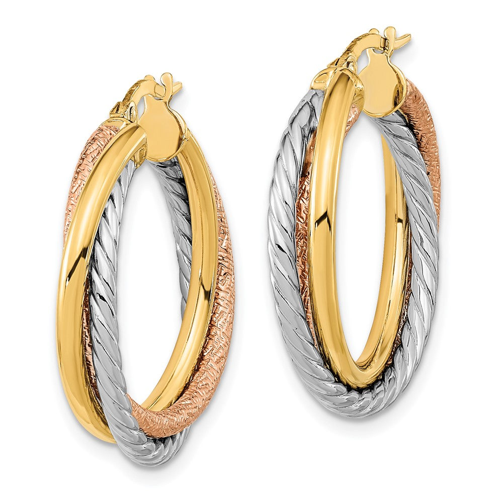 14k Yellow & Rhodium 26.5 mm  Polished and Textured Hoop Earrings (3.39 grams)