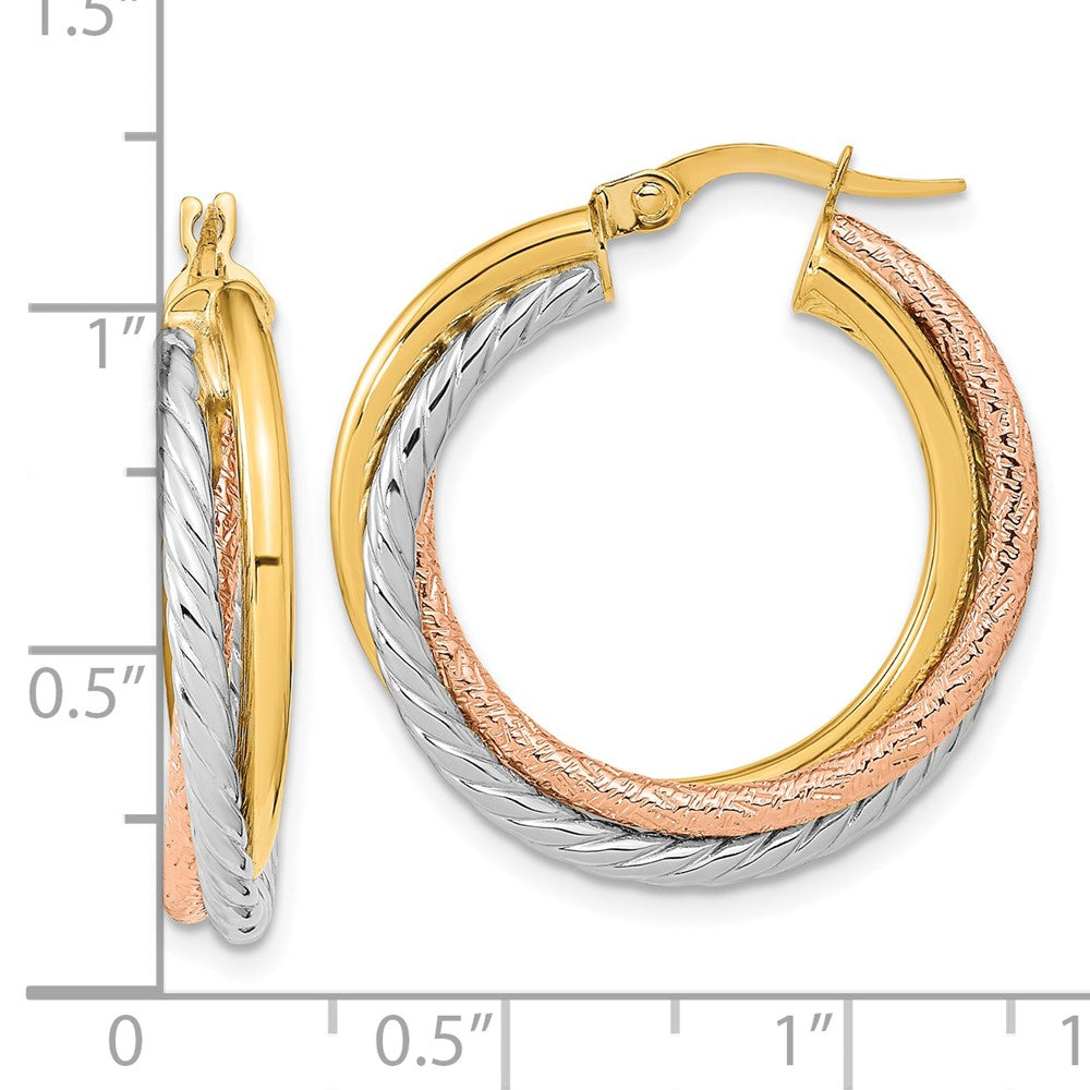 14k Yellow & Rhodium 26.5 mm  Polished and Textured Hoop Earrings (3.39 grams)