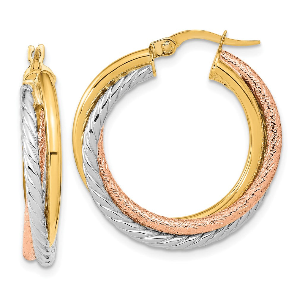 14k Yellow & Rhodium 26.5 mm  Polished and Textured Hoop Earrings (3.39 grams)