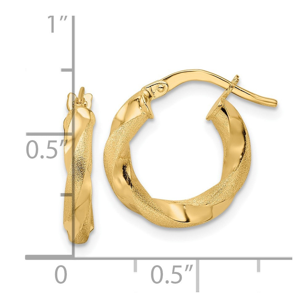 14k Yellow Gold 15.25 mm Brushed and Polished Twisted Hoop Earrings (1.21 grams)