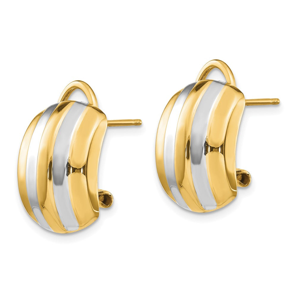 14k Yellow & Rhodium 12 mm  Ribbed Omega Back Post Earrings (3.35 grams)