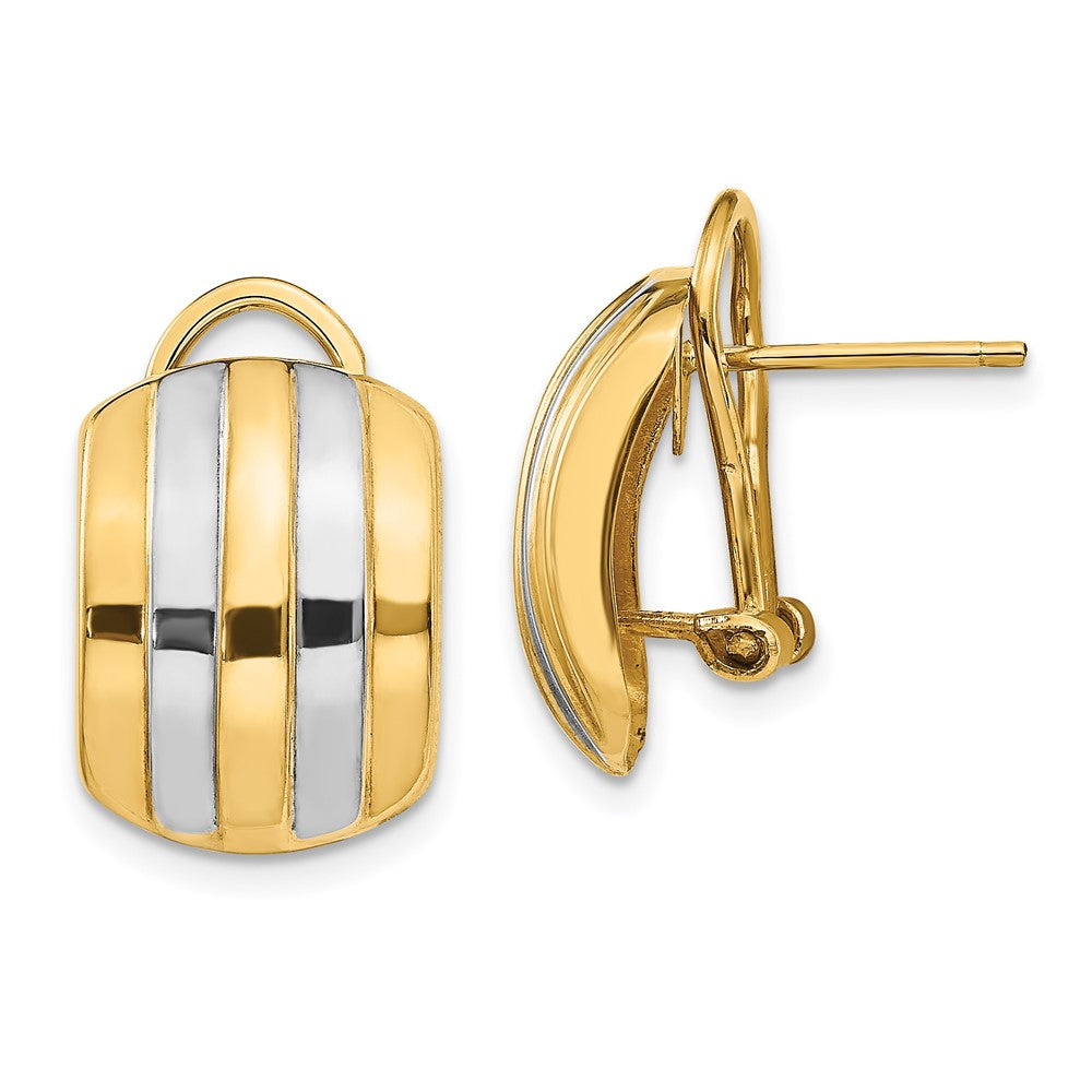 14k Yellow & Rhodium 12 mm  Ribbed Omega Back Post Earrings (3.35 grams)