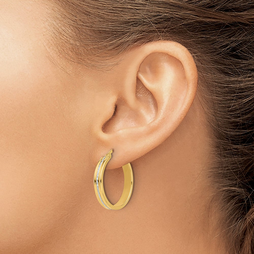 14k Yellow & Rhodium 23.5 mm  Polished and Diamond-cut Hoop Earrings (1.94 grams)