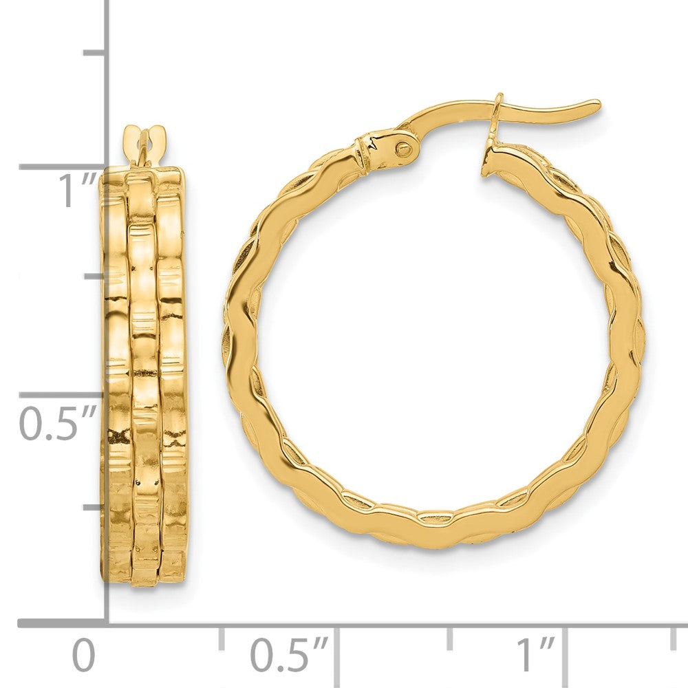 14k Yellow Gold 24.2 mm Polished and Textured Hoop Earrings (4.6 grams)