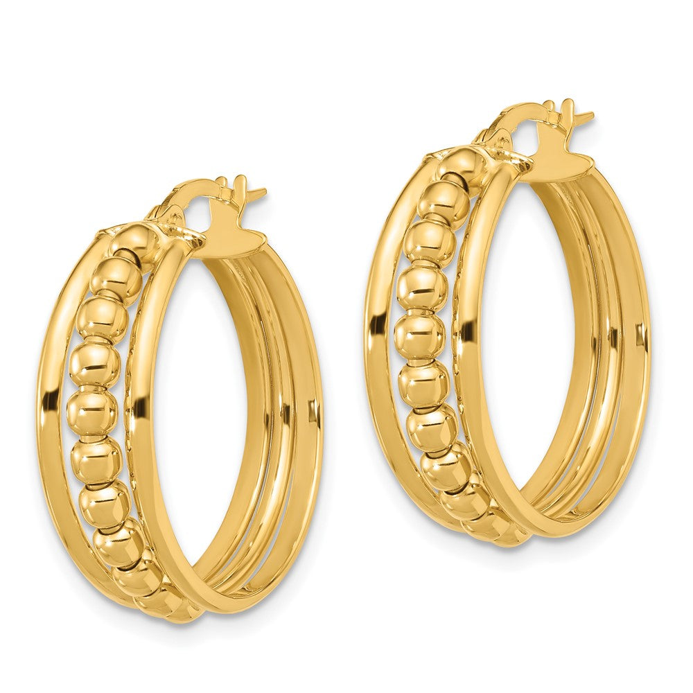 14k Yellow Gold 24.3 mm Polished and Beaded Hoop Earrings (4.07 grams)