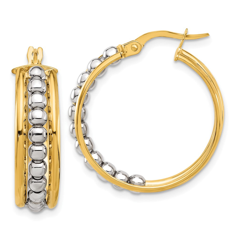 14k Two-tone 24.3 mm Two-tone Polished and Beaded Hoop Earrings (4.12 grams)