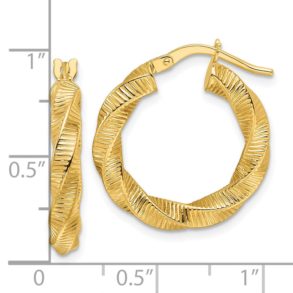 14k Yellow Gold 20.5 mm Twisted & Textured Round Hoop Earrings (1.92 grams)