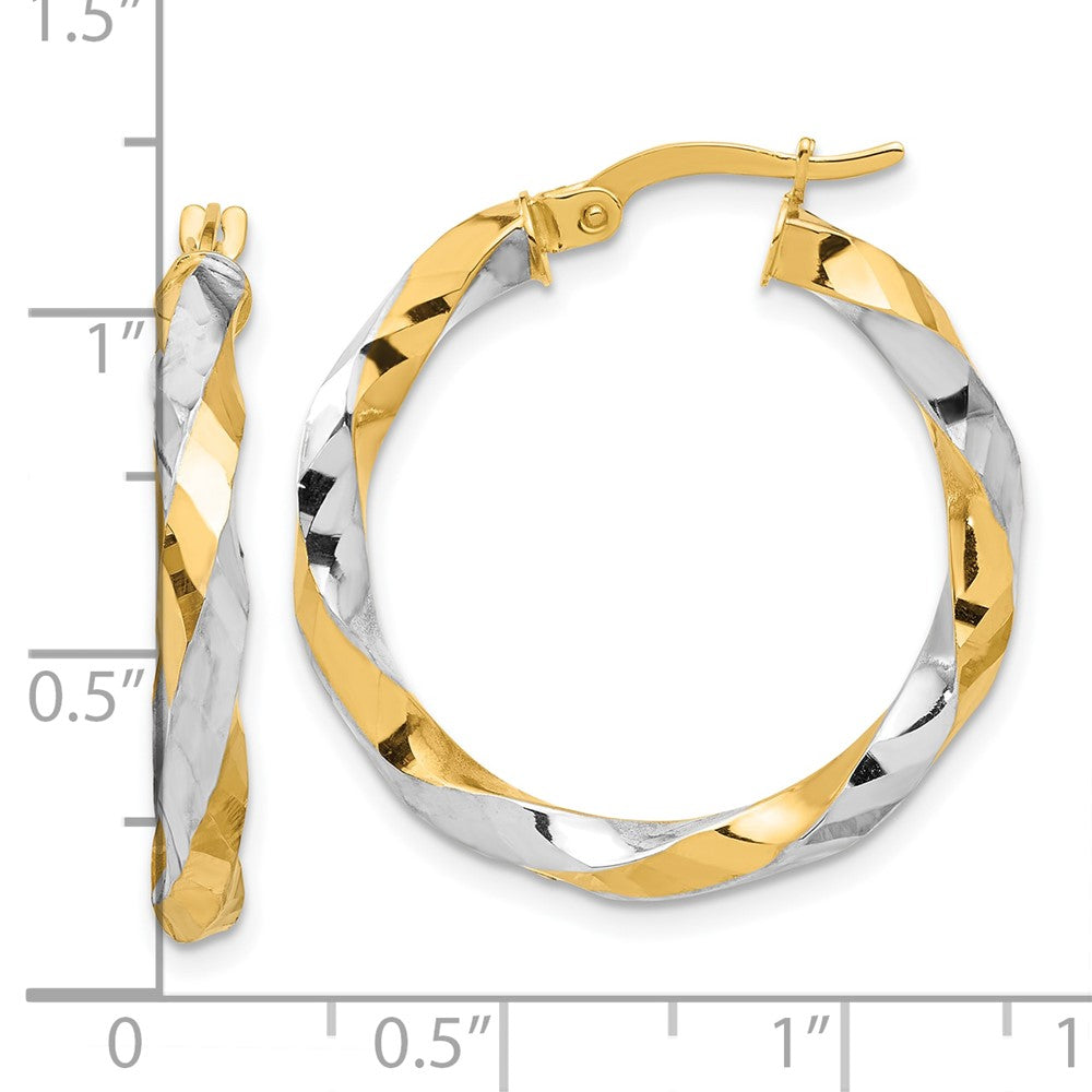 14k Yellow & Rhodium 26.9 mm  Polished and Diamond-cut Twisted Hoop Earrings (3.06 grams)
