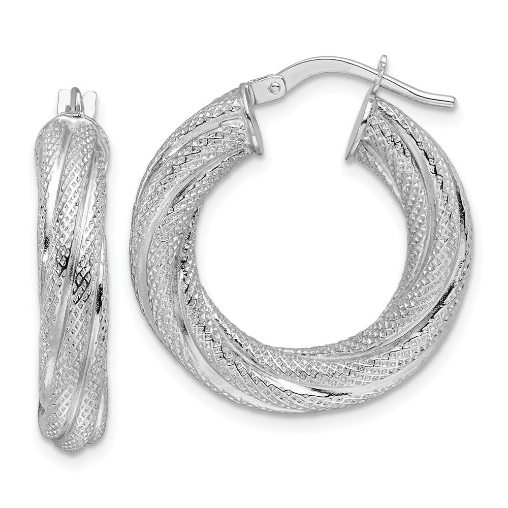 14k White Gold 23.6 mm Textured Twisted Round Hoop Earrings (2.47 grams)
