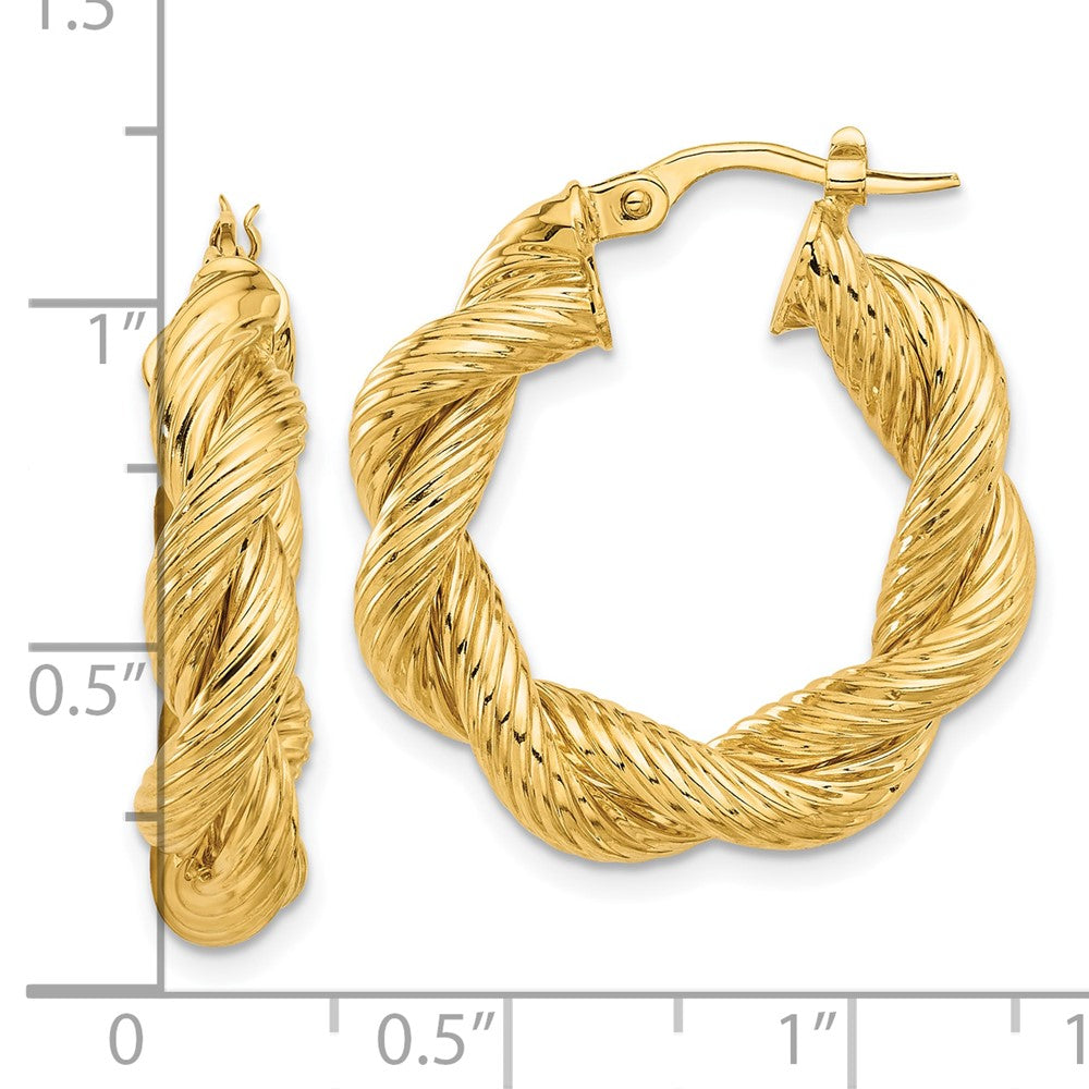 14k Yellow Gold 24.8 mm Polished and Textured Twisted Hoop Earrings (3.56 grams)