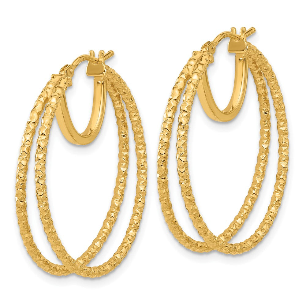 14k Yellow Gold 29.5 mm Polished and Textured Double Circle Hoop Earrings (2.94 grams)