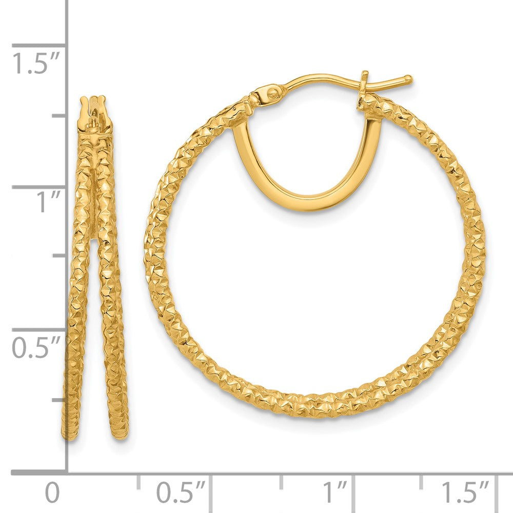 14k Yellow Gold 29.5 mm Polished and Textured Double Circle Hoop Earrings (2.94 grams)