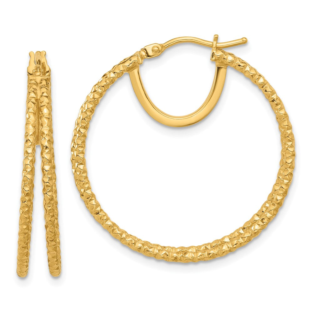 14k Yellow Gold 29.5 mm Polished and Textured Double Circle Hoop Earrings (2.94 grams)