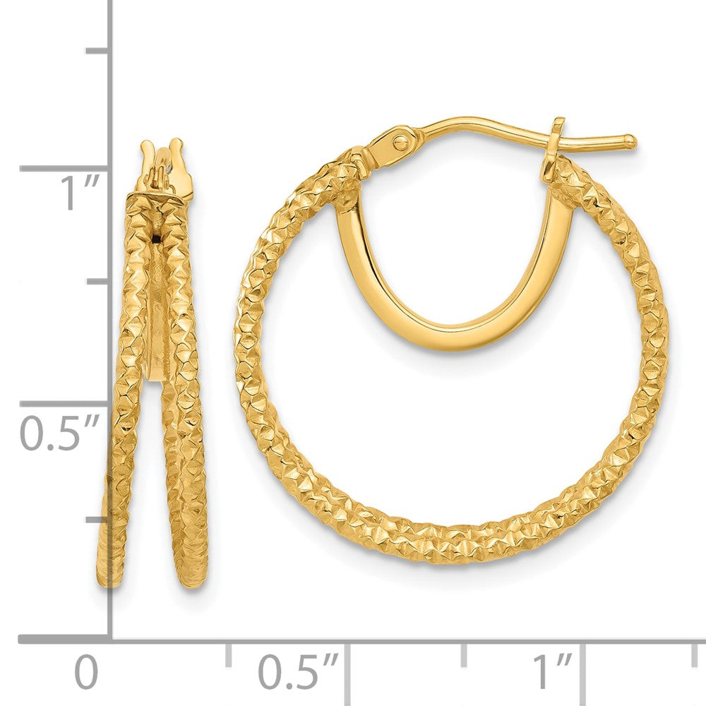 14k Yellow Gold 23.2 mm Polished and Textured Double Circle Hoop Earrings (2.39 grams)